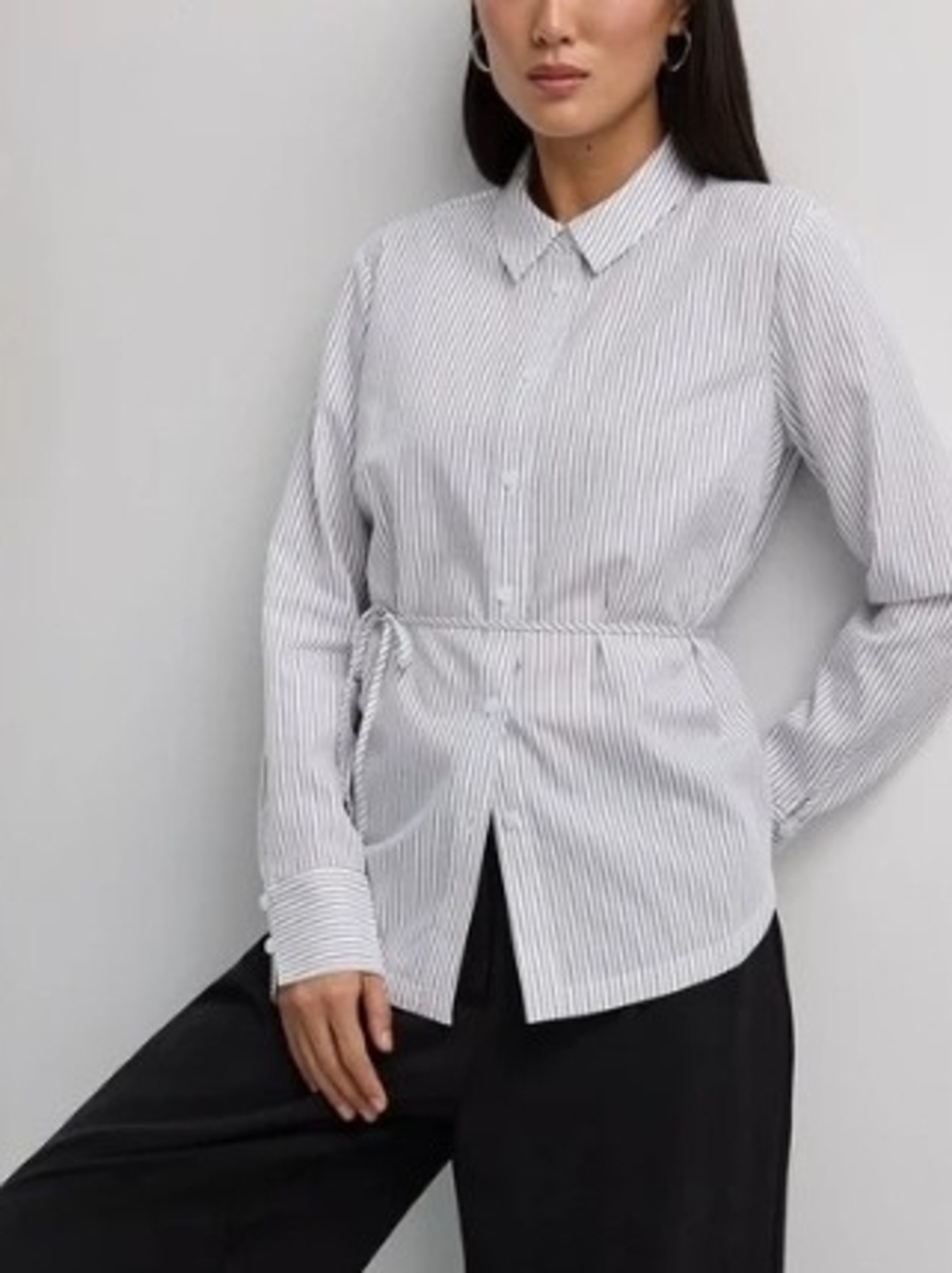 Reitmans White and Black Pinstripe Tie-Waist Button-Down Shirt 3X